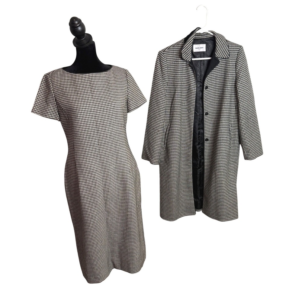 Vintage Marie Claire Paris Houndstooth Wool Dress and Long Coat Set Size XS
